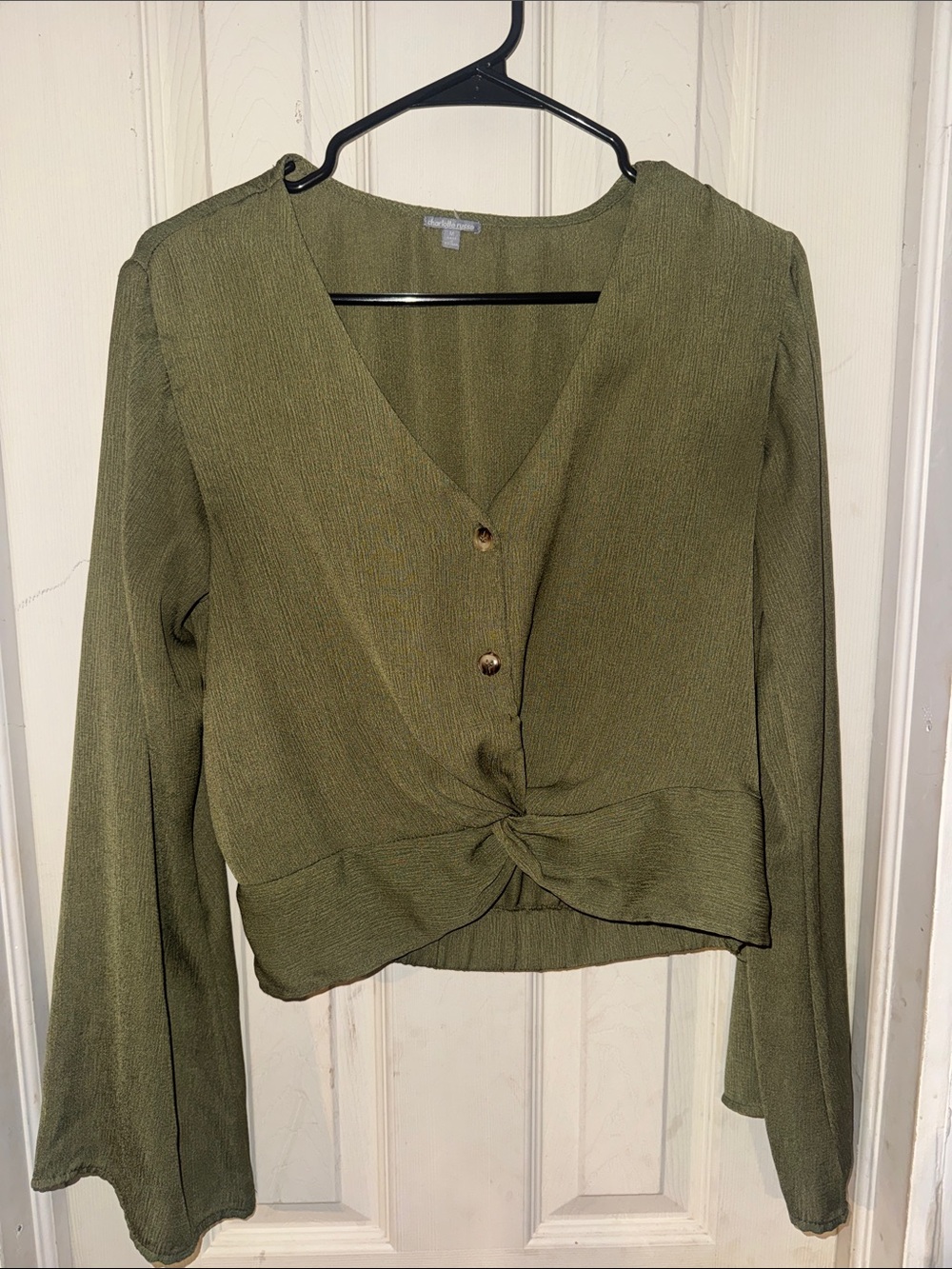 Charlotte Russe Olive Green V-Neck Knot Front Long Sleeve Top - Size M